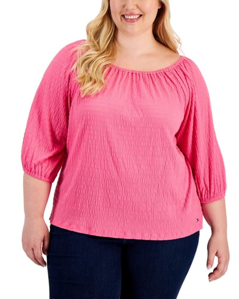 Front of a model wearing a size 1X Tommy Hilfiger Women's Plus 3/4 Sleeve Top Pink Size 1X in Pink by Tommy Hilfiger. | dia_product_style_image_id:311548